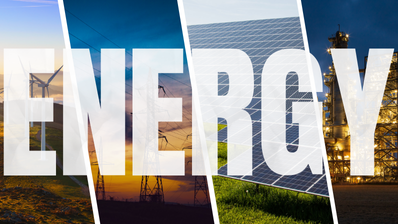 ENERGY overlay on collage of wind turbines, power lines, solar panels, and power plant