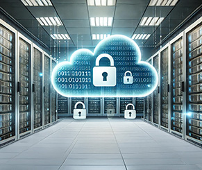 Servers and cloud hybrid environment representing advanced cybersecurity solutions for commercial enterprises.