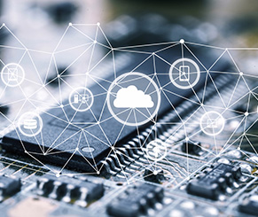 Circuit board with an overlay of a cloud and connected icons, representing holistic systems architecture and engineering that incorporates cloud environments, business processes, integrated security measures, etc.