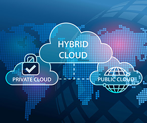 World map with hybrid, private, and public clouds, symbolizing scalable security strategies for cloud environments and onsite infrastructures as business grows