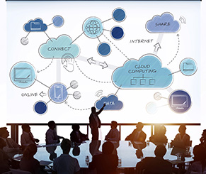 Group of people discussing cloud computing and data connectivity strategies, symbolizing the integration of cybersecurity into business processes.